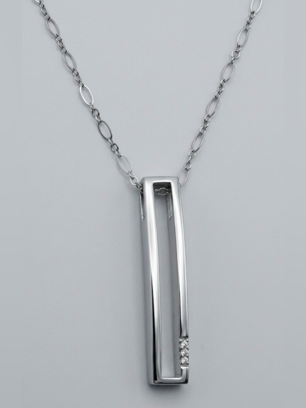 Sterling Silver 925 Diamond Bar Pendant Necklace Modern Oval Paperclip Chain 20"